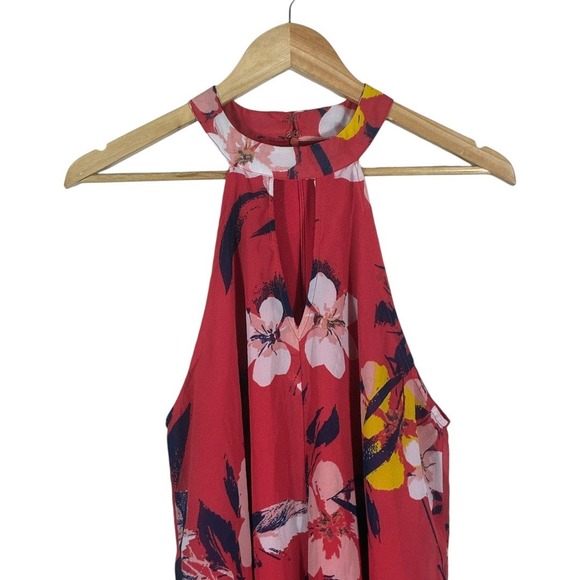 Japna Halter Neck Floral Top Red Keyhole Sleeveless Beachy Lightweight Size L - Picture 2 of 5